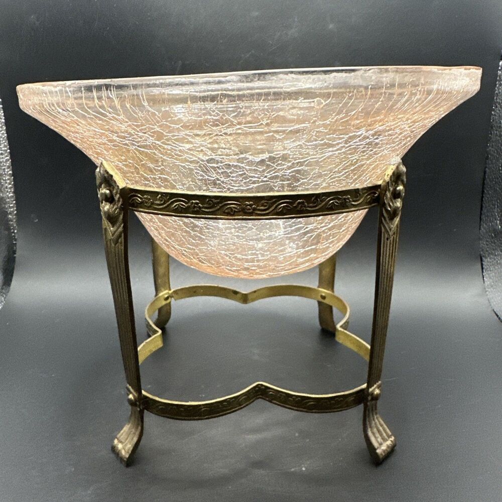 8" Crackle Glass Bowl With Distressed Brass Stand Rose Pink